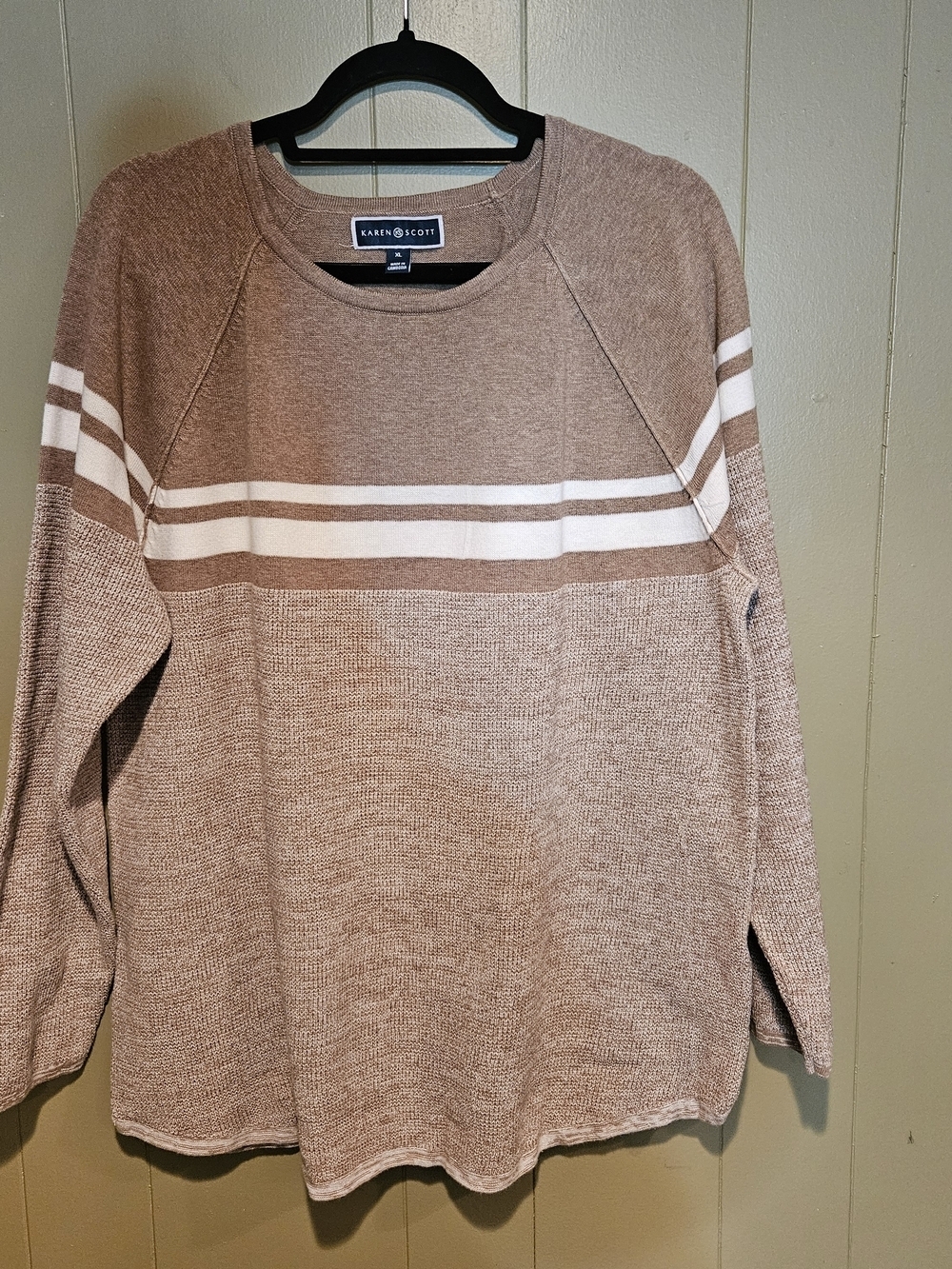 Karen Scott Tan & White Striped Sweater XL Cotton Knit Cozy Casual Lightweight